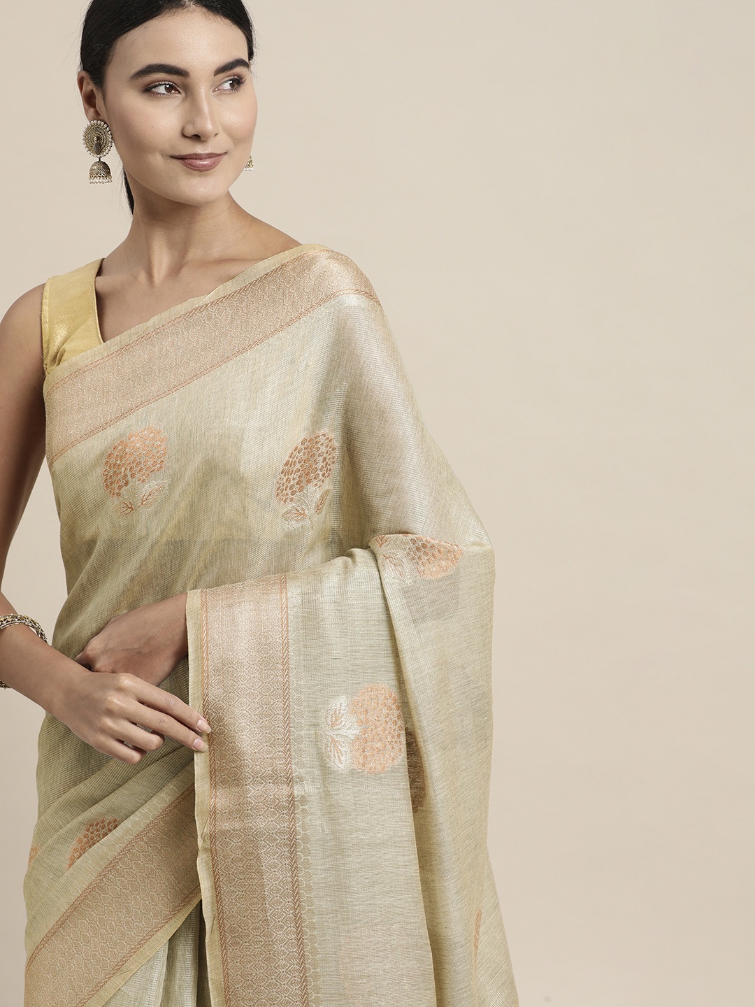 

VISHNU WEAVES Grey & Pink Woven Design Zari Tissue Banarasi Saree