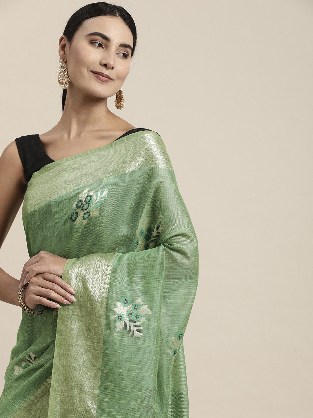 

VISHNU WEAVES Green Ethnic Motifs Zari Handloom Cotton Saree