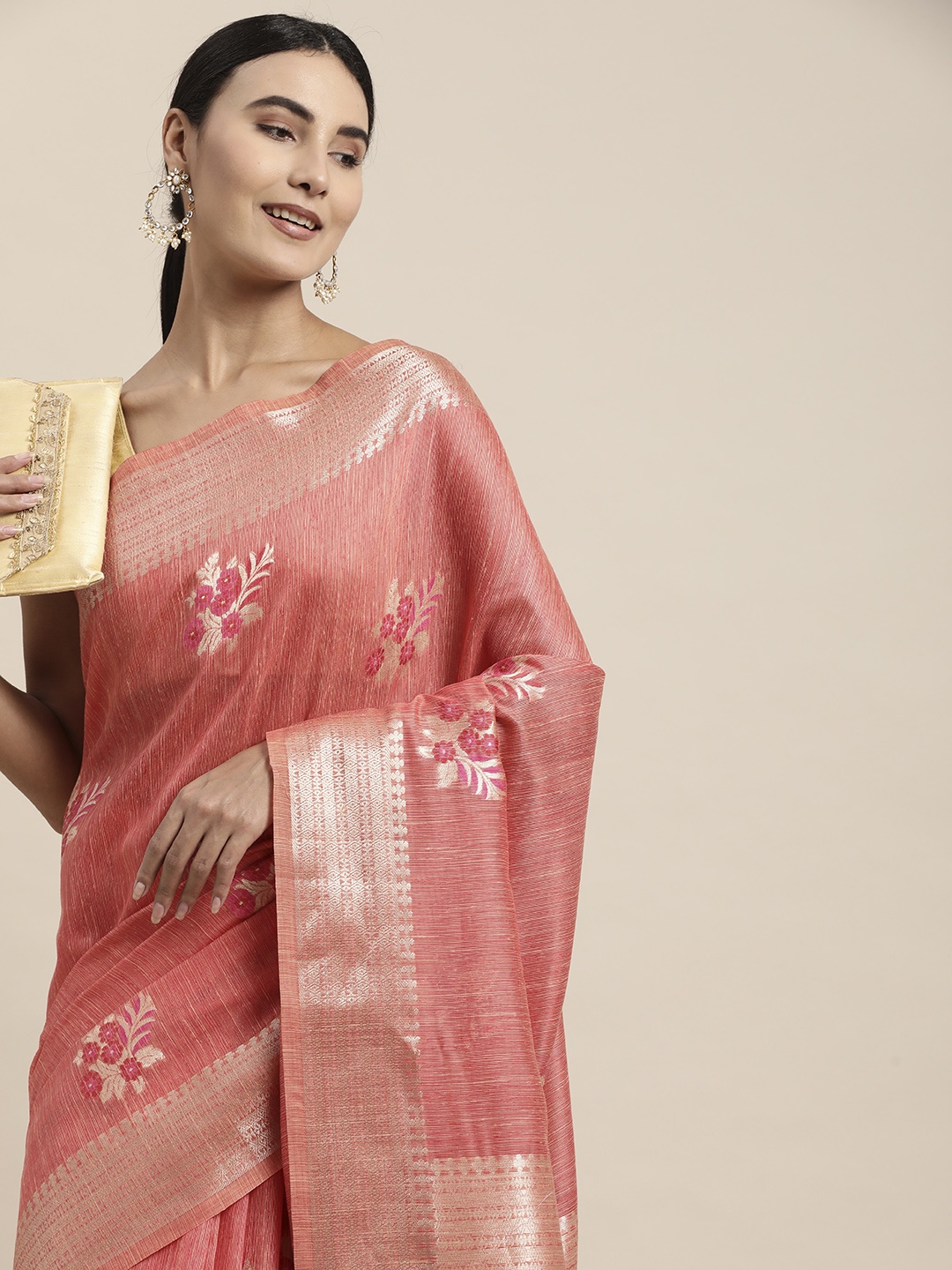 

VISHNU WEAVES Coral Red & Golden Woven Design Zari Banarasi Saree