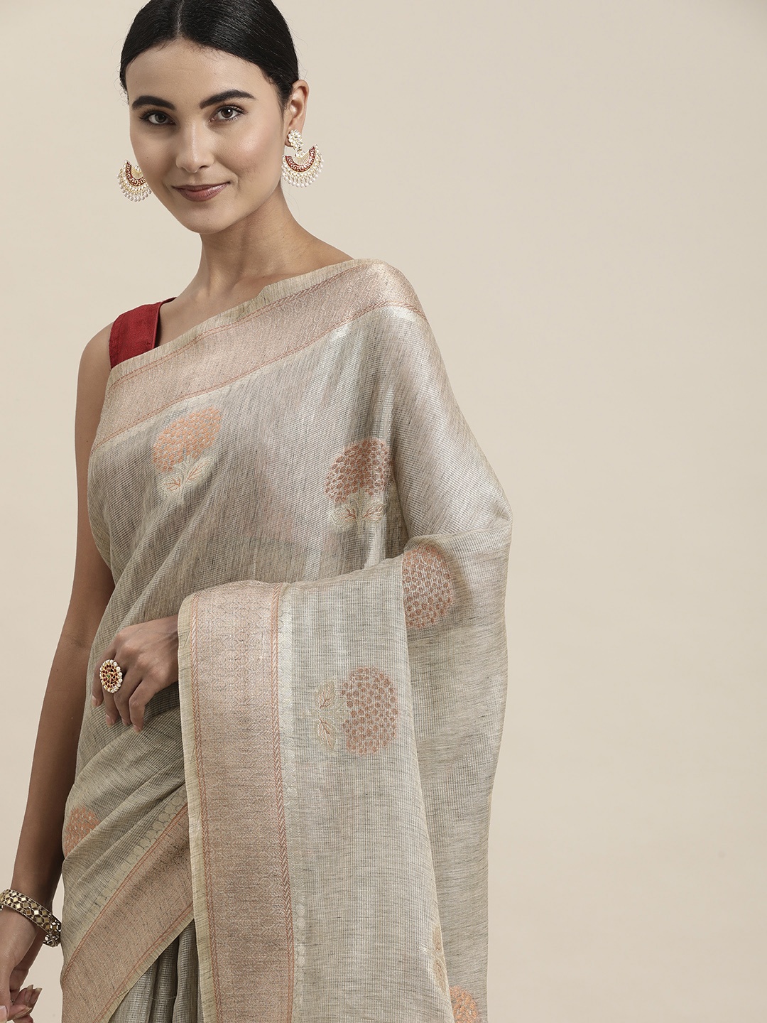 

VISHNU WEAVES Grey Woven Design Zari Tissue Linen Mysore Silk Saree with Blouse Piece