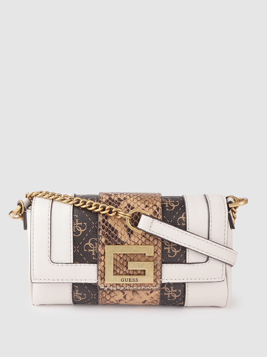 

GUESS Beige & Brown Colourblocked & Brand Logo Print Structured Sling Bag