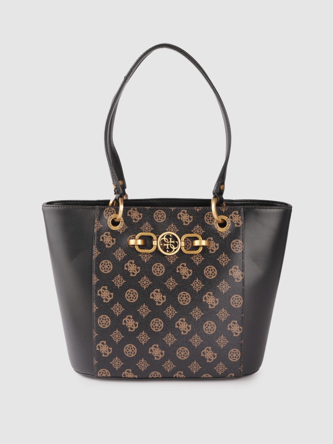 GUESS Black & Brown Brand Logo Print Structured Shoulder Bag