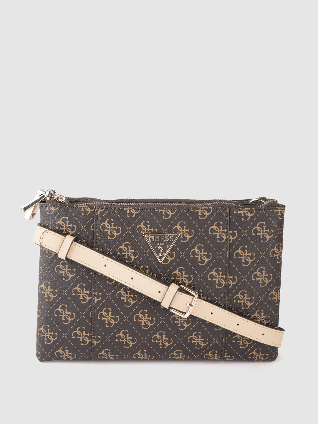 

GUESS Women Brown & Beige Brand Logo Printed Structured Sling Bag