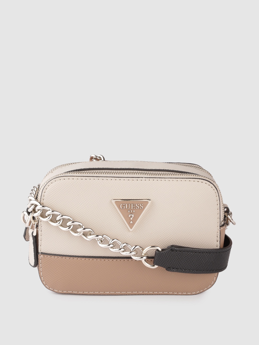 

GUESS Beige & Brown Colourblocked Structured Sling Bag