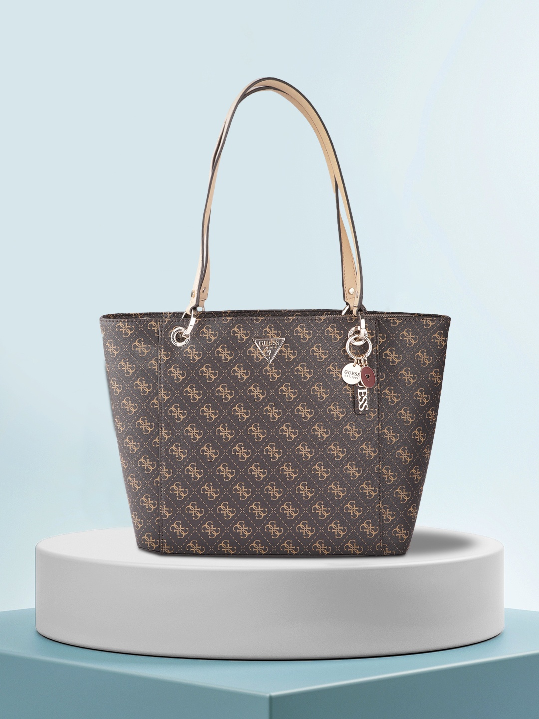 

GUESS Coffee Brown Brand Logo Print Structured Shoulder Bag