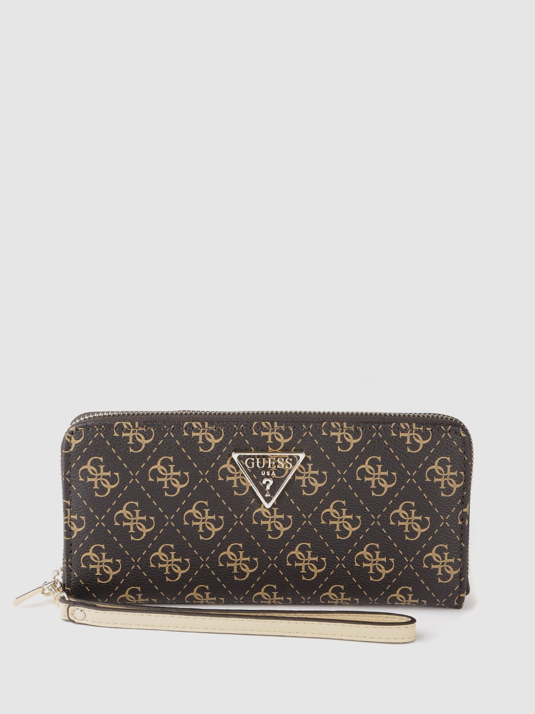 

GUESS Women Coffee Brown & Beige Brand Logo Print Zip Around Wallet with Wrist Loop