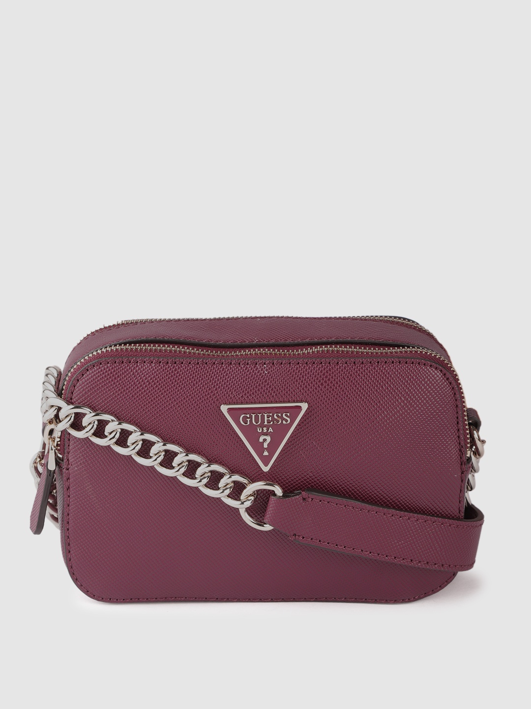 

GUESS Burgundy Snakeskin Textured Structured Sling Bag with Non-Detachable Sling Strap