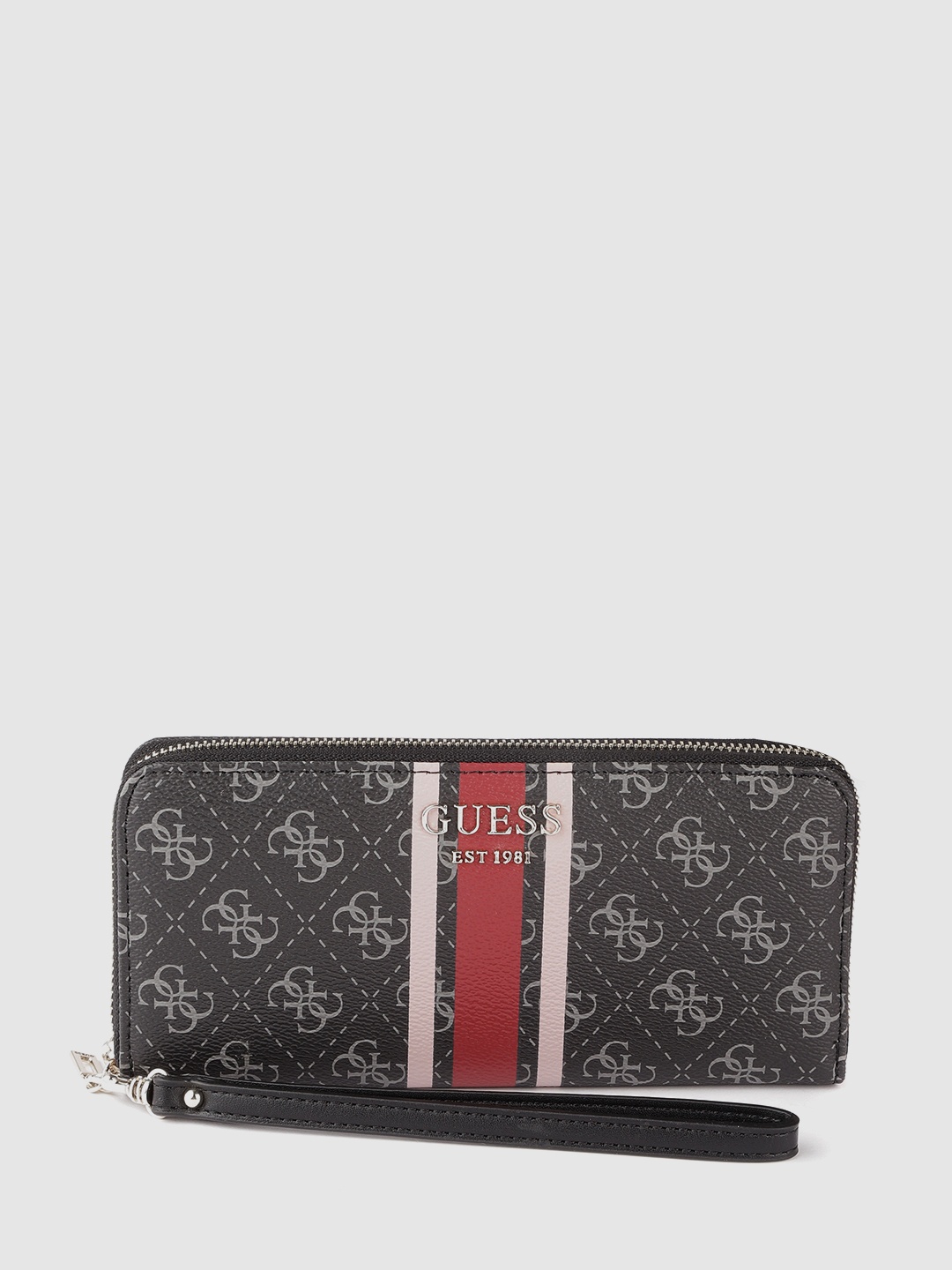 

GUESS Women Black & Charcoal Grey Brand Logo Printed Zip Around Wallet with Wrist Loop