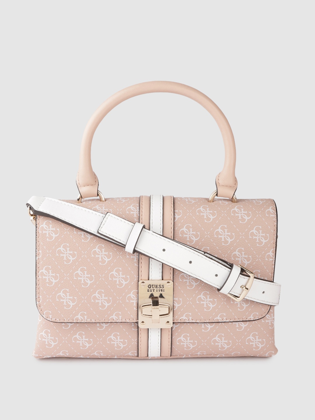 

GUESS Peach-Coloured Brand Logo Print Structured Handheld Bag