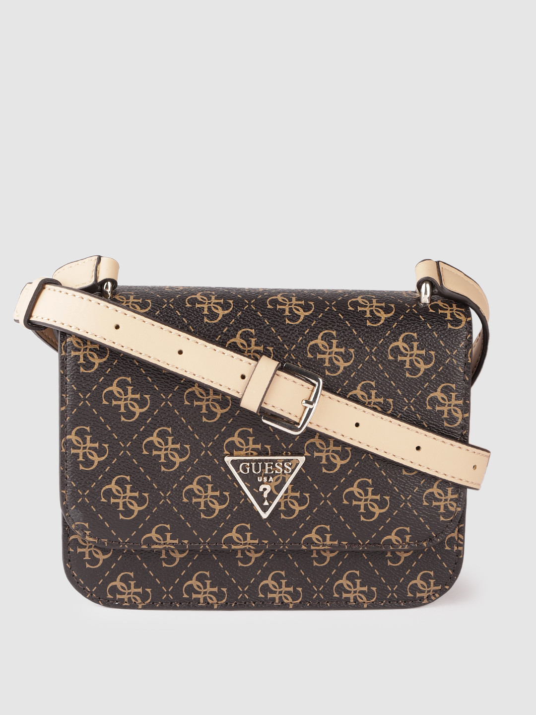 

GUESS Coffee Brown & Beige Brand Logo Printed Structured Sling Bag