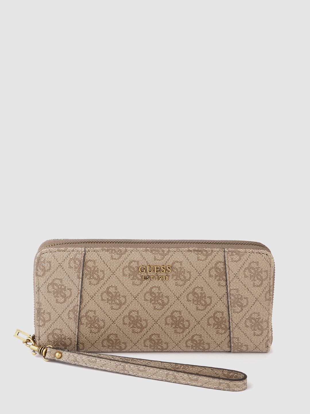 

GUESS Women Brown Brand Logo Printed Zip Around Wallet with Wrist Loop