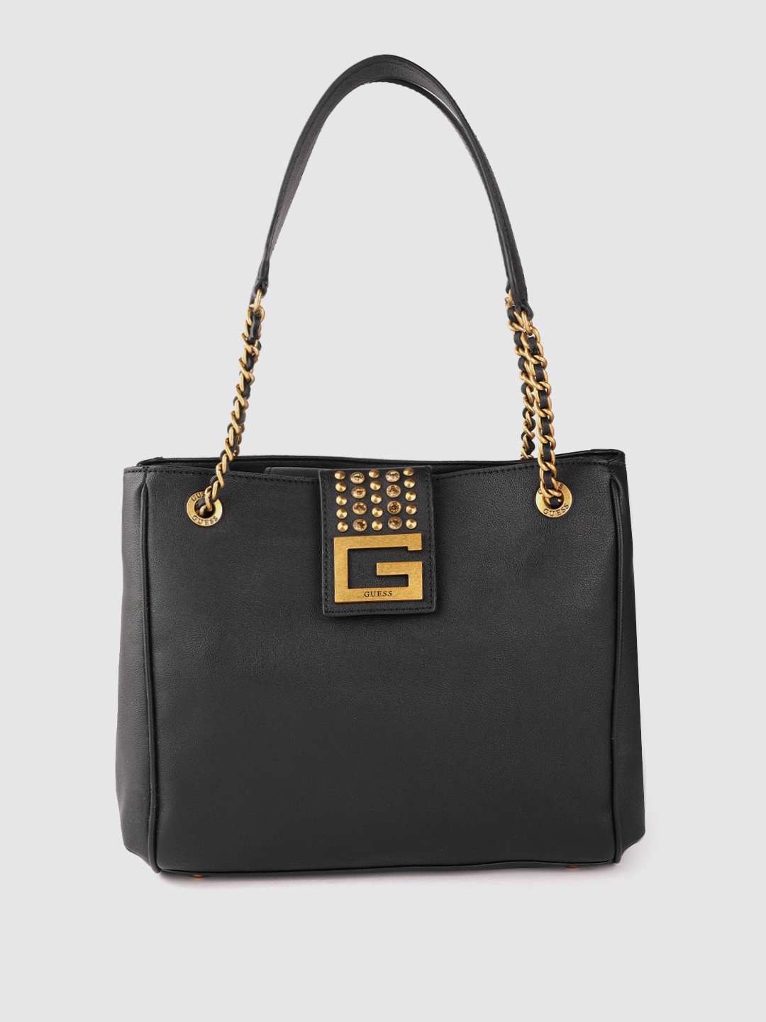 

GUESS Black Solid Structured Shoulder Bag with Embellished Detail