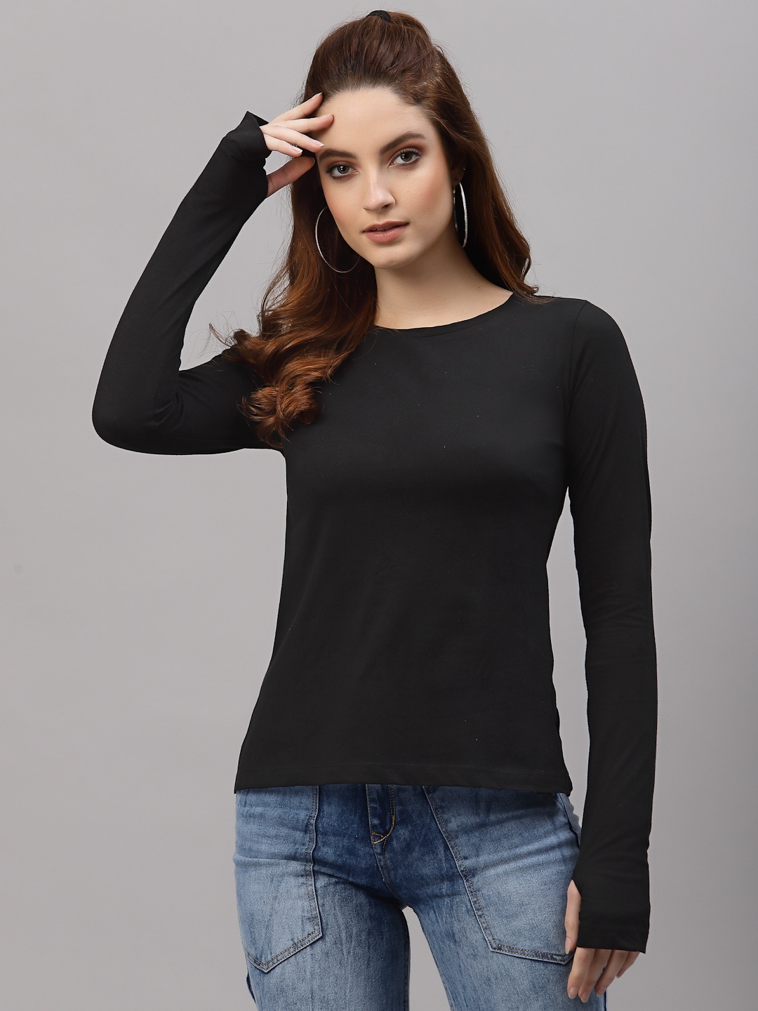 

Rigo Round Neck Long Sleeves Crop Fitted Top With Thumbholes, Black