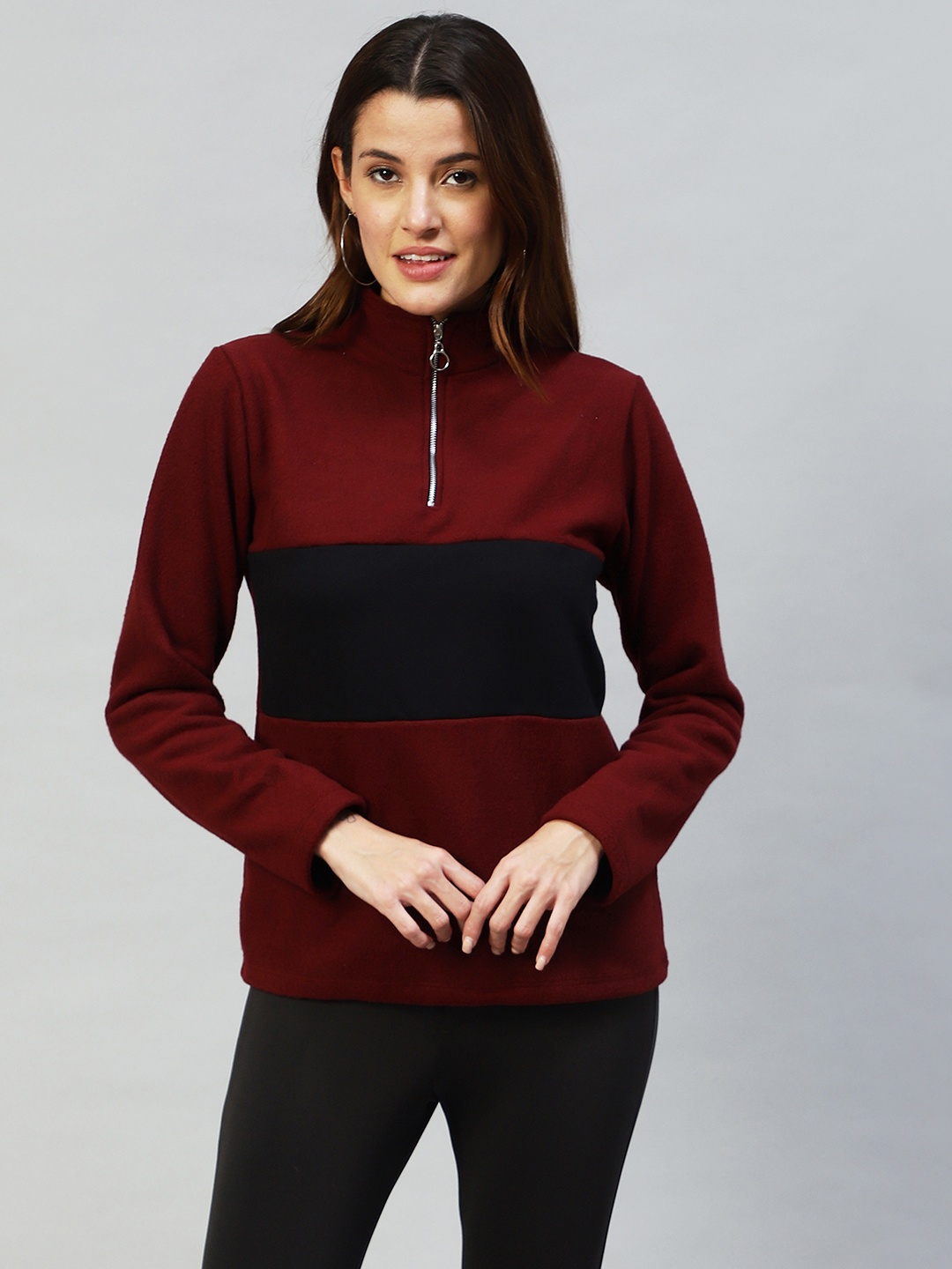 

Rigo Women Colourblocked Pullover Sweatshirt, Maroon