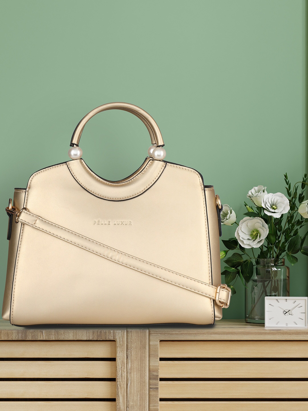 

PELLE LUXUR Gold-Toned Leather Structured Handheld Bag