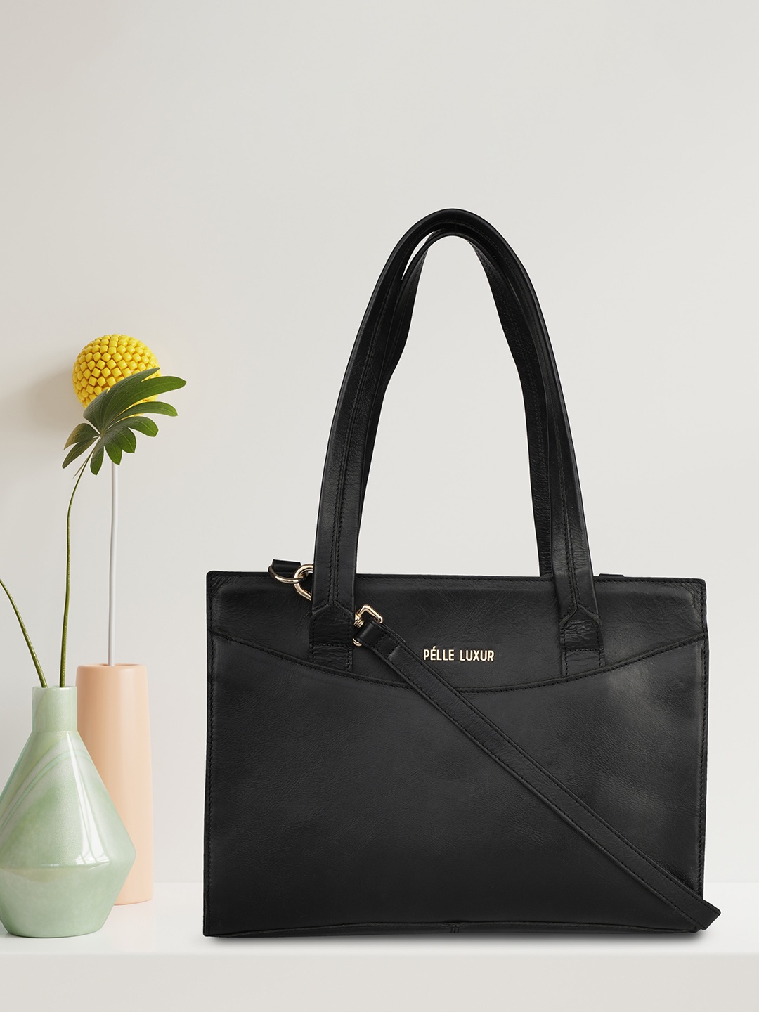 

PELLE LUXUR Black Leather Structured Handheld Bag