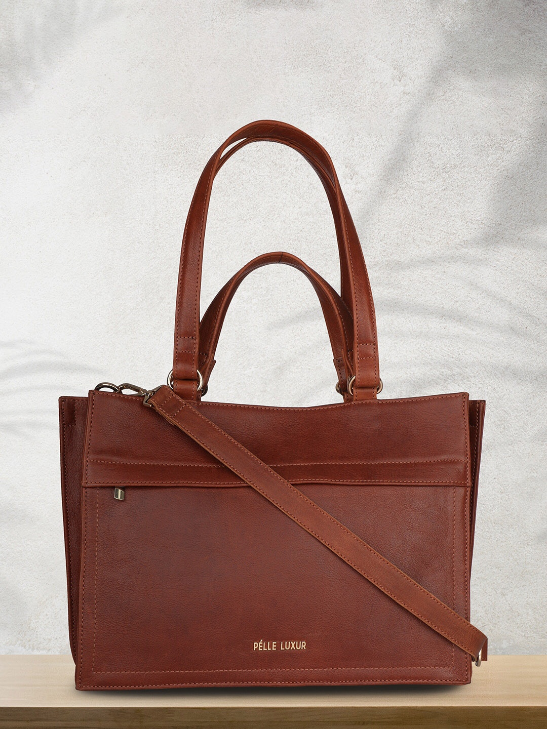 

PELLE LUXUR Brown Leather Structured Tote Hand Bag
