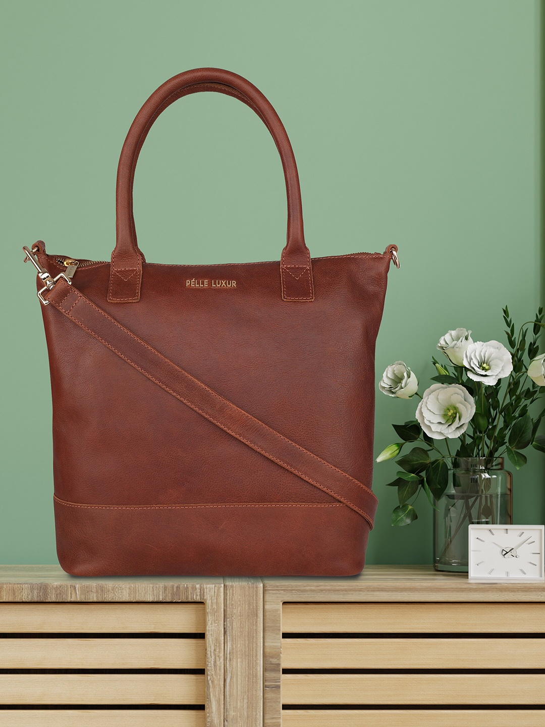 

PELLE LUXUR Brown Leather Structured Handheld Bag
