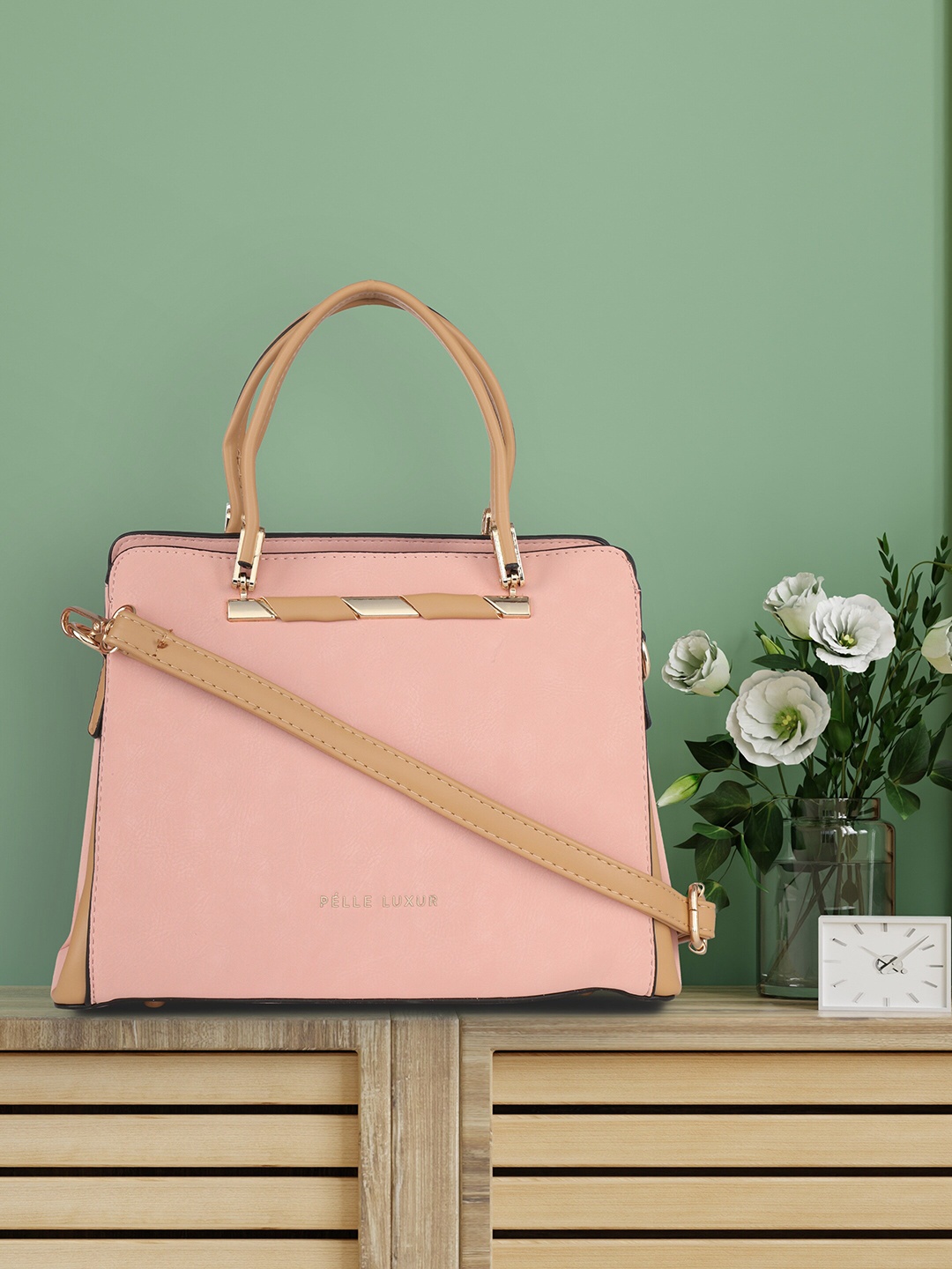 

PELLE LUXUR Pink Textured Leather Structured Handheld Bag