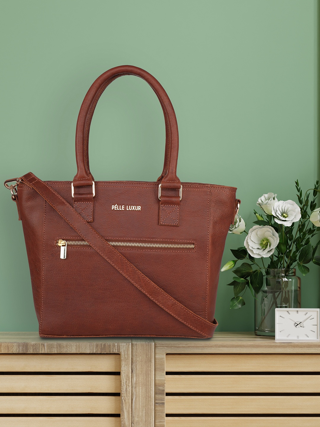 

PELLE LUXUR Brown Leather Structured Handheld Bag