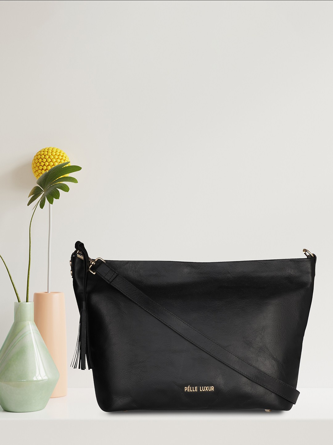 

PELLE LUXUR Black Leather Structured Hobo Bag