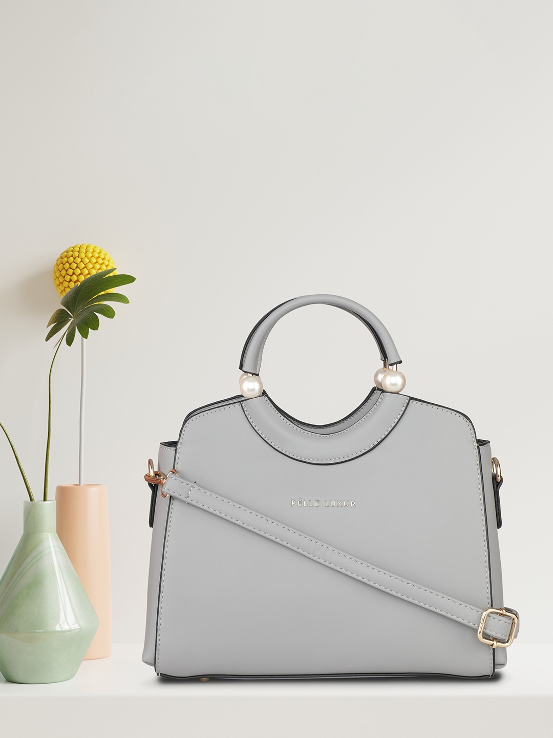 

PELLE LUXUR Grey Leather Structured Satchel