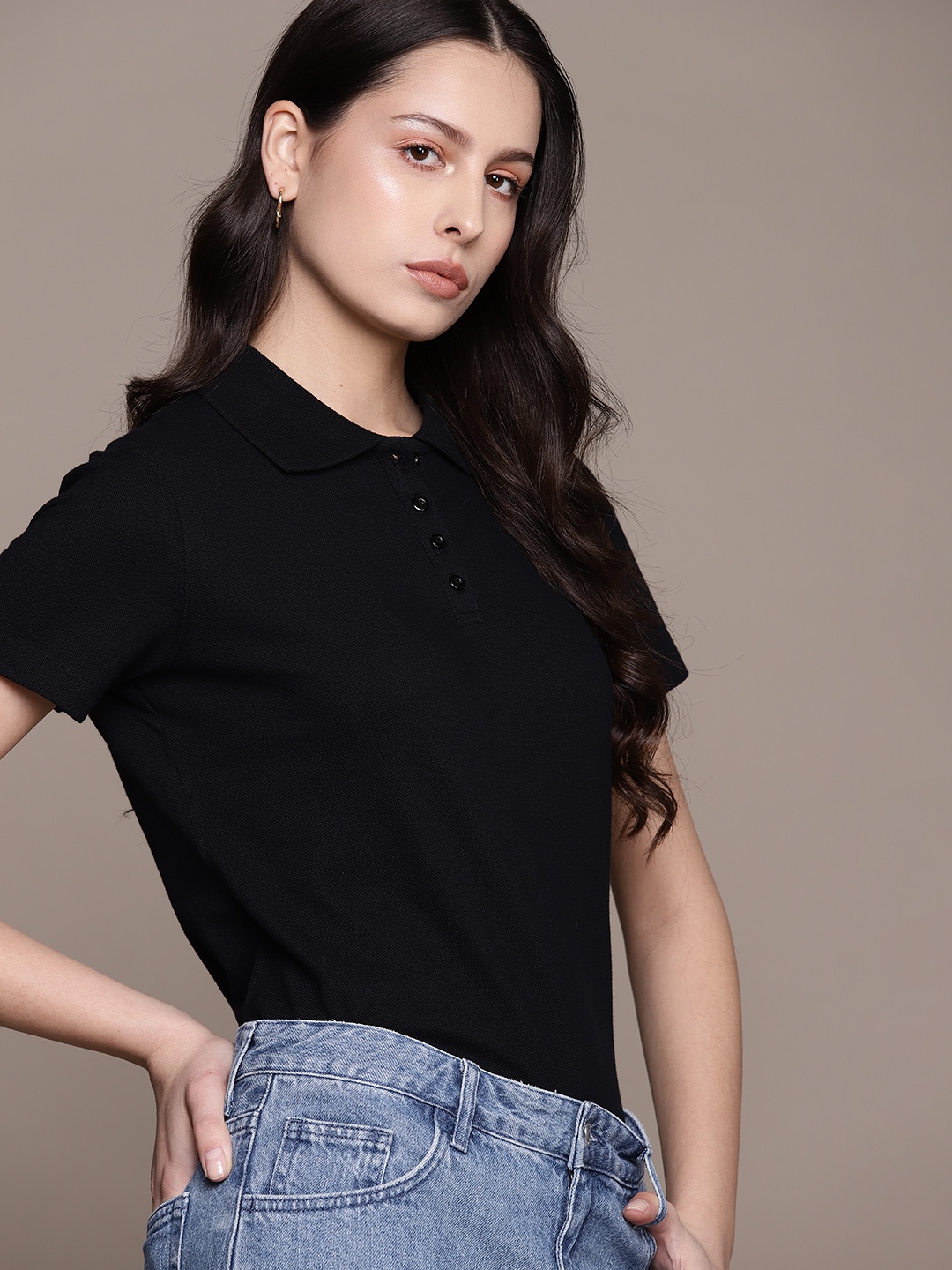 

Macy's Karen Scott Women Pure Cotton Polo Collar T-shirt, Black