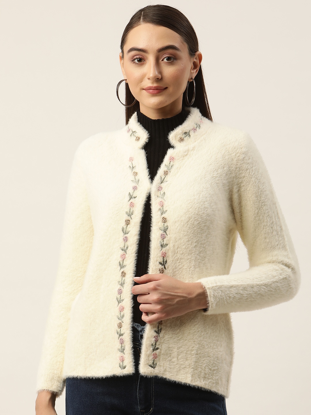 

APSLEY Women Embroidered Detail Front Open Sweater, Off white