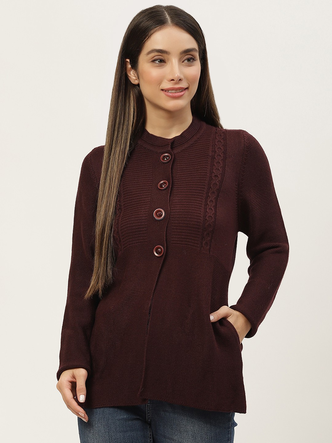 

APSLEY Women Burgundy Solid Cardigan with Cable Knit Detail