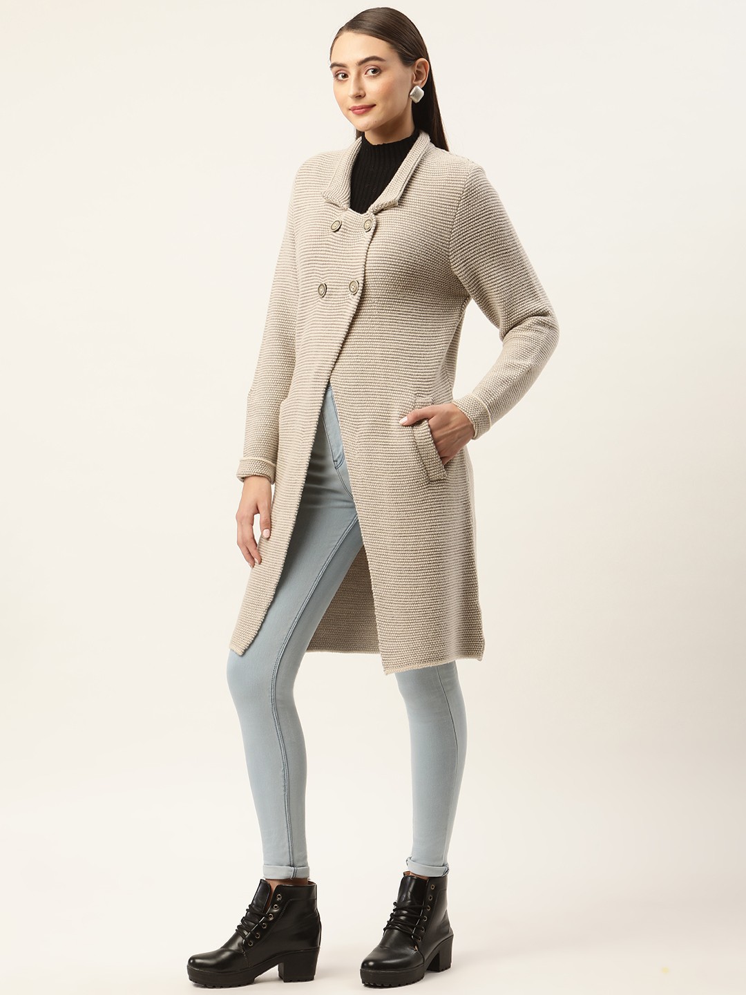 

APSLEY Women Beige Solid Longline Cardigan