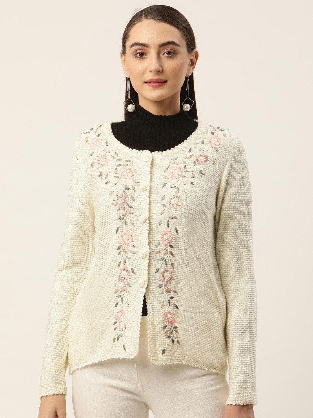 

APSLEY Women Floral Embroidered Detail Cardigan, Off white