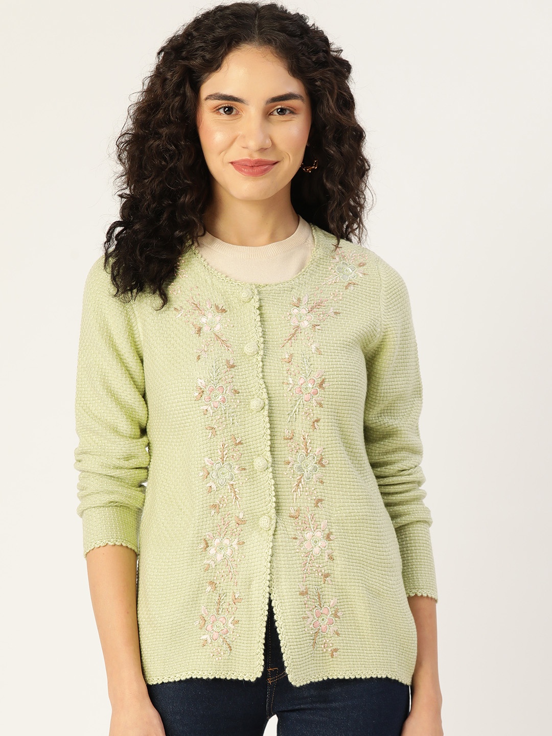 

APSLEY Women Floral Embroidered Acrylic Cardigan, Olive