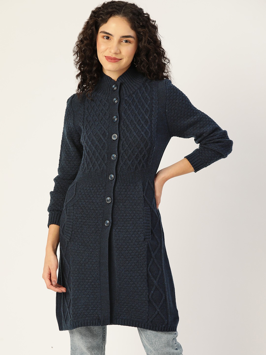

APSLEY Women Self Design Acrylic Longline Cardigan, Navy blue