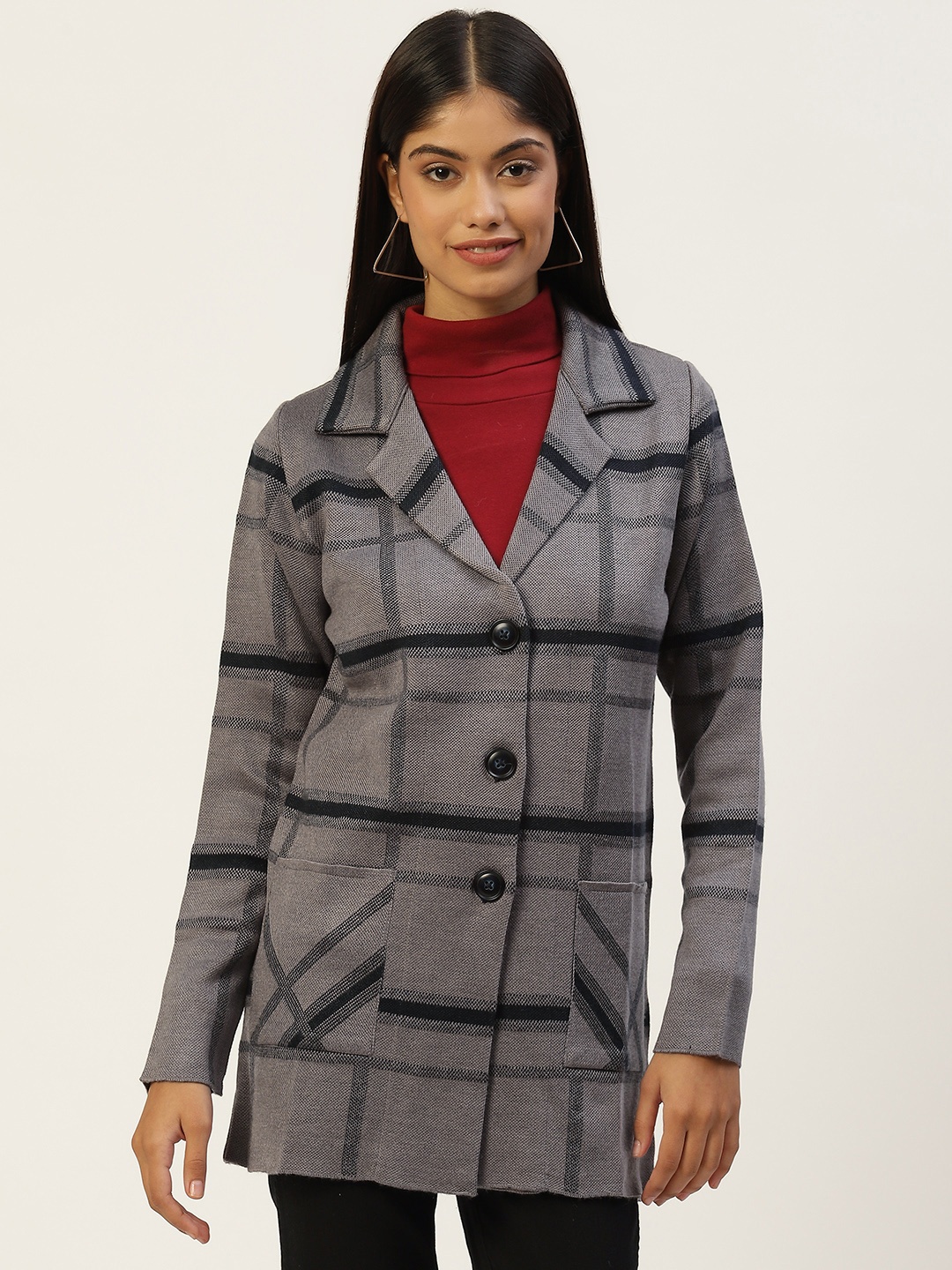 

APSLEY Women Grey Checked Longline Coat