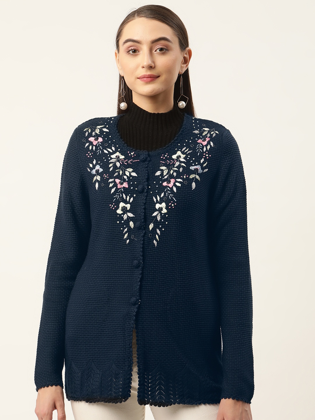 

APSLEY Women Navy Blue Embroidered Detail Cardigan