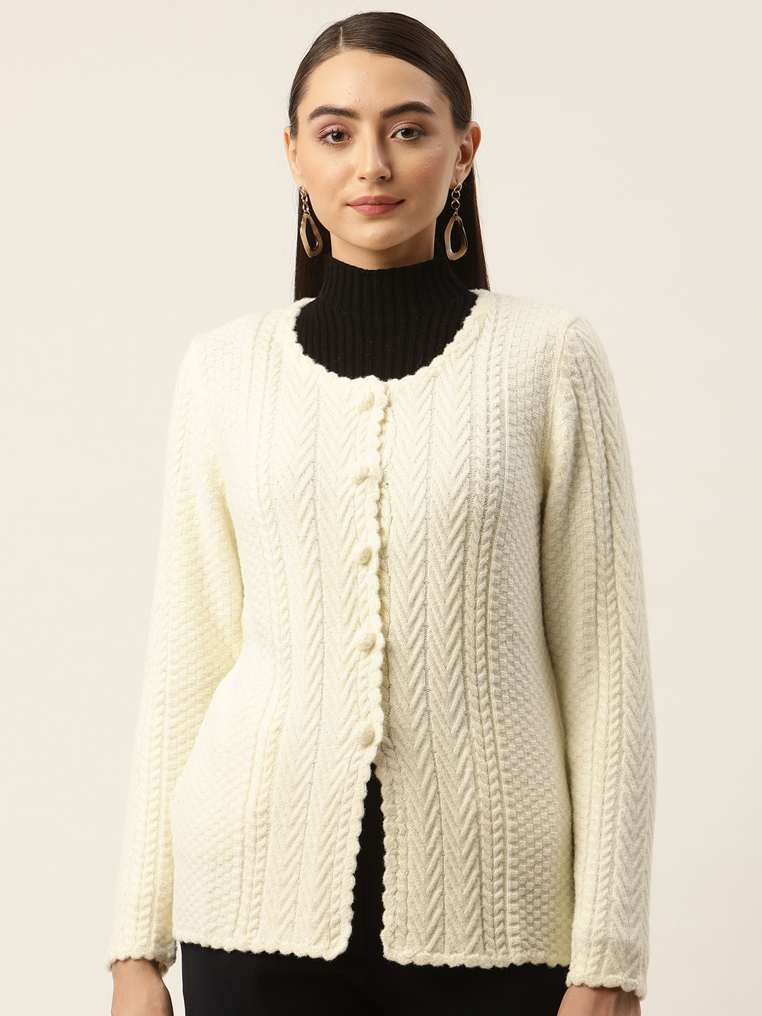 

APSLEY Women Off White Cable Knit Cardigan