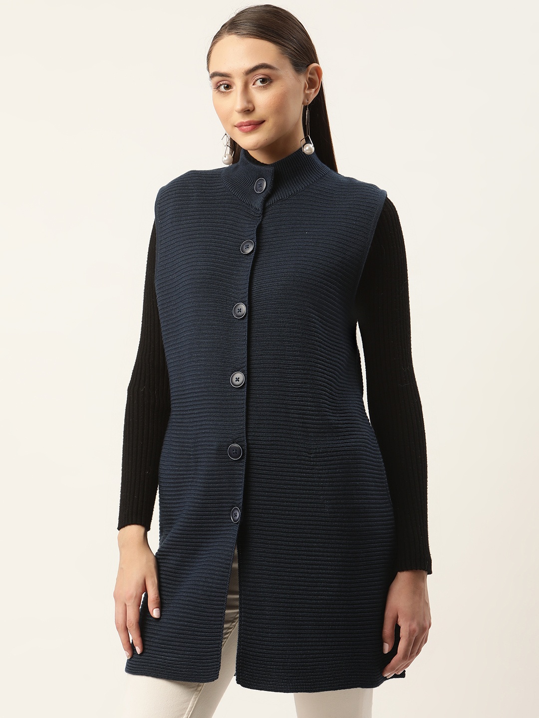 

APSLEY Women Navy Blue Self Striped Longline Cardigan