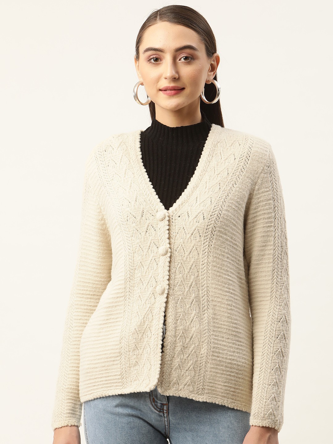 

APSLEY Women Geometric Knitted Cardigan, Beige
