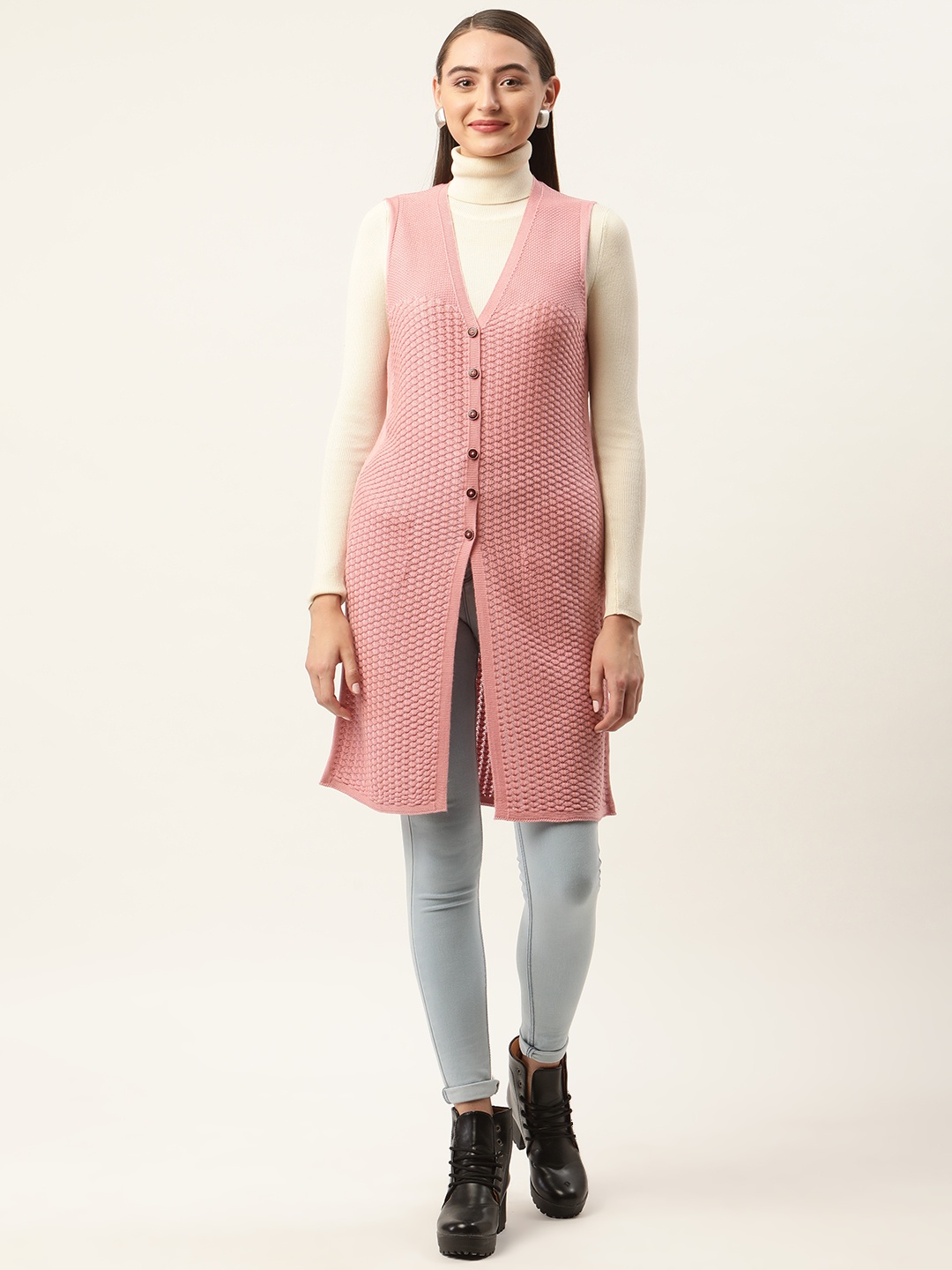 

APSLEY Women Pink Self Design Longline Cardigan
