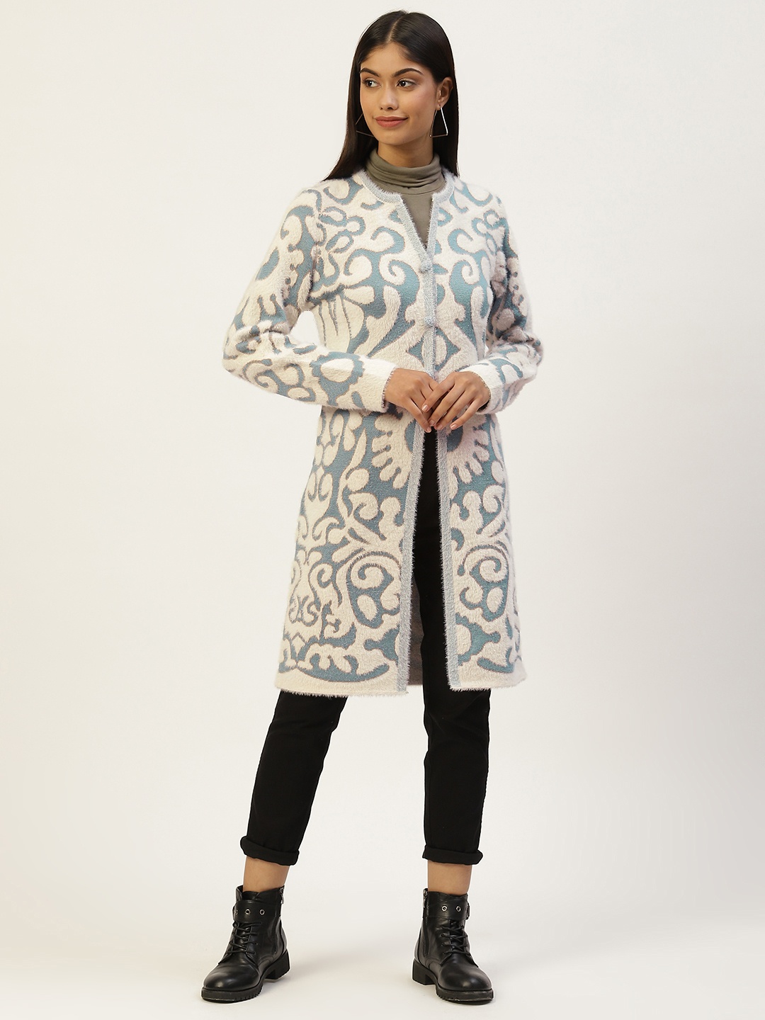 

APSLEY Women Off White & Blue Floral Printed Longline Coat