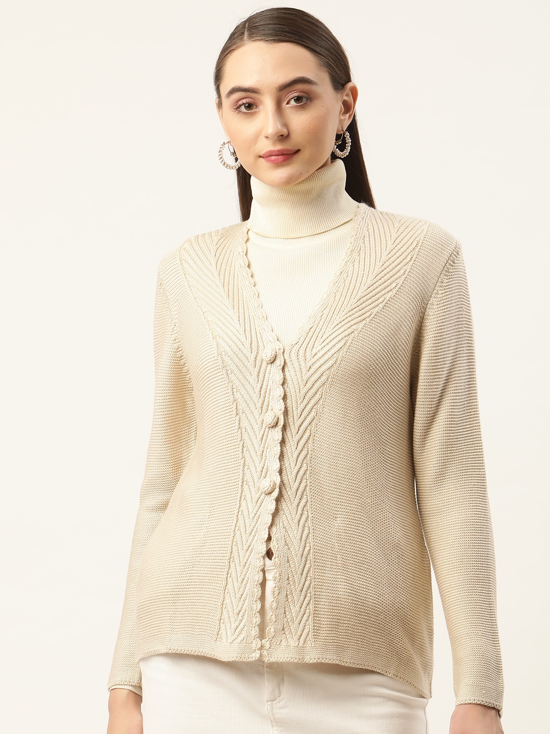 

APSLEY Women Beige Ribbed Cardigan
