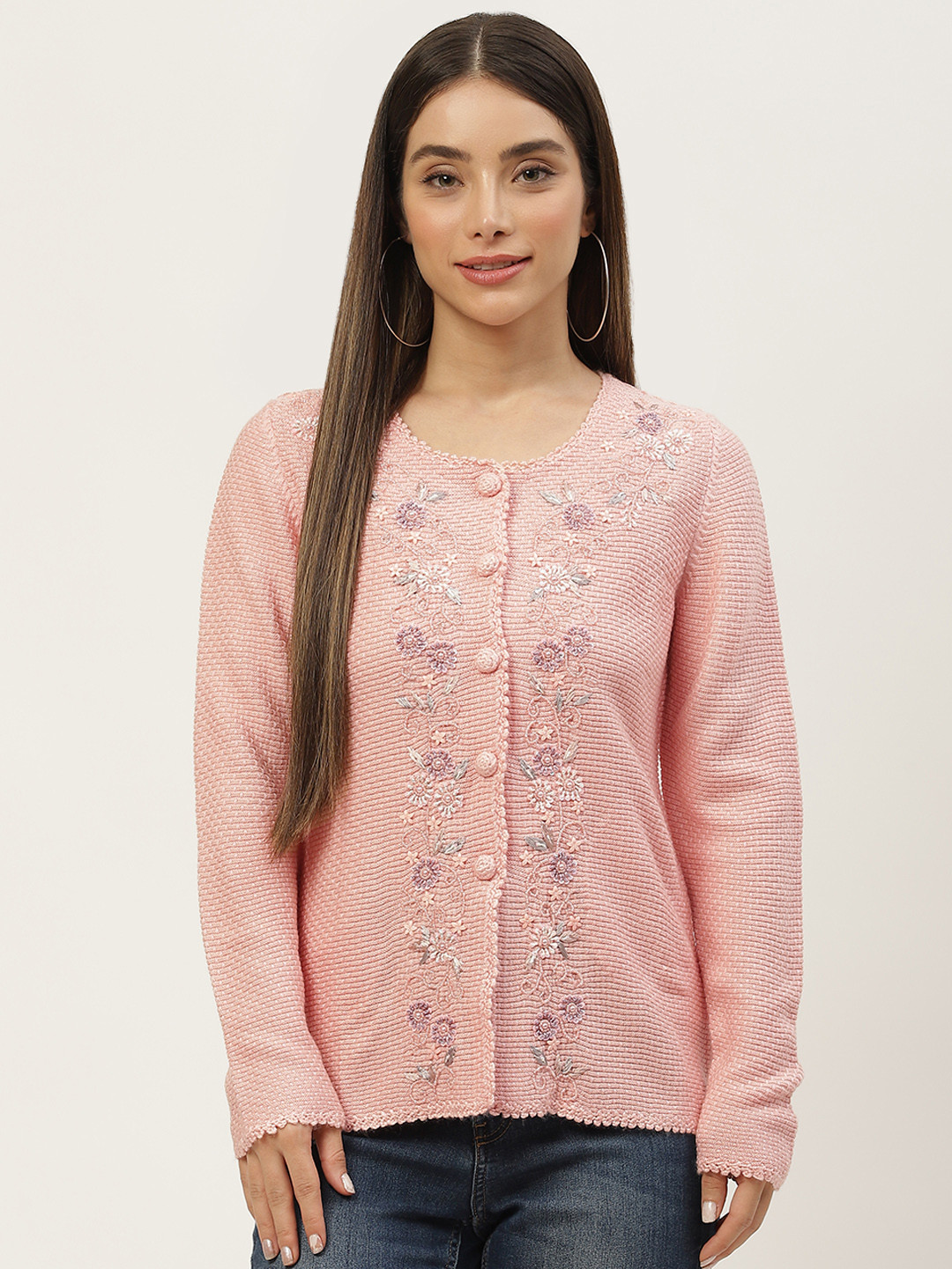 

APSLEY Women Pink & Silver Floral Cardigan with Embroidered Detail
