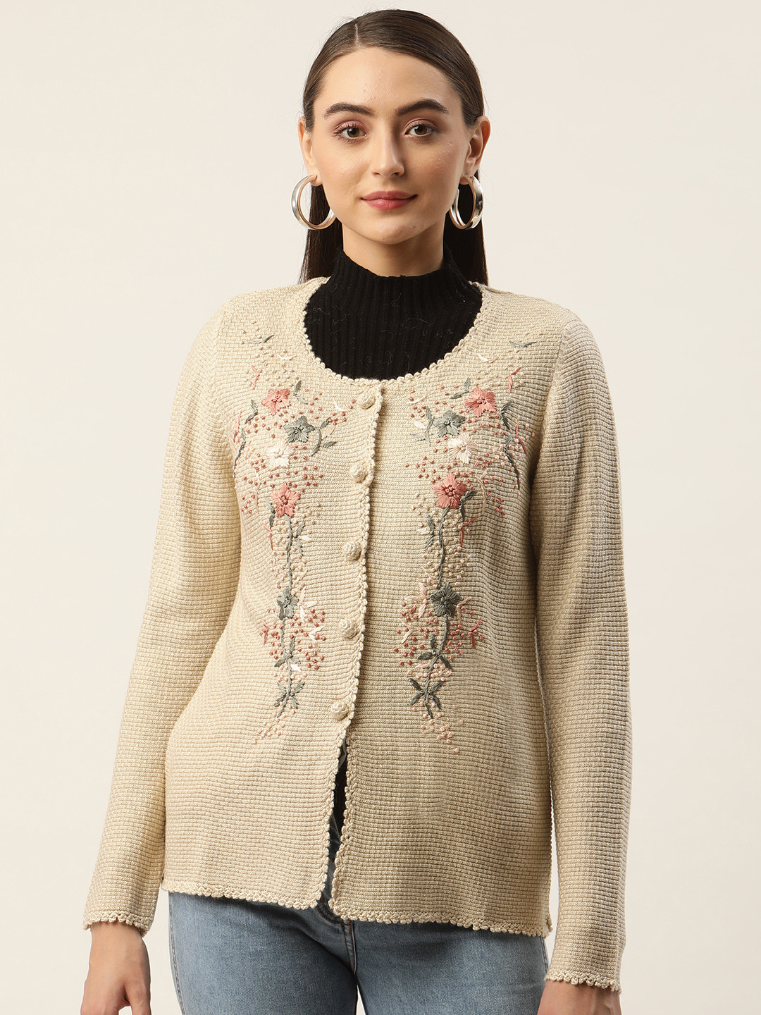 

APSLEY Women Floral Embroidered Cardigan, Beige