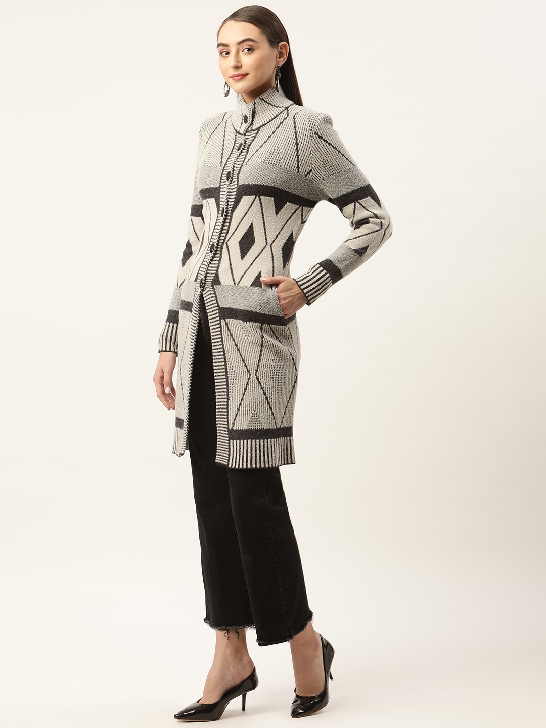 

APSLEY Women Geometric Printed Longline Cardigan, Grey