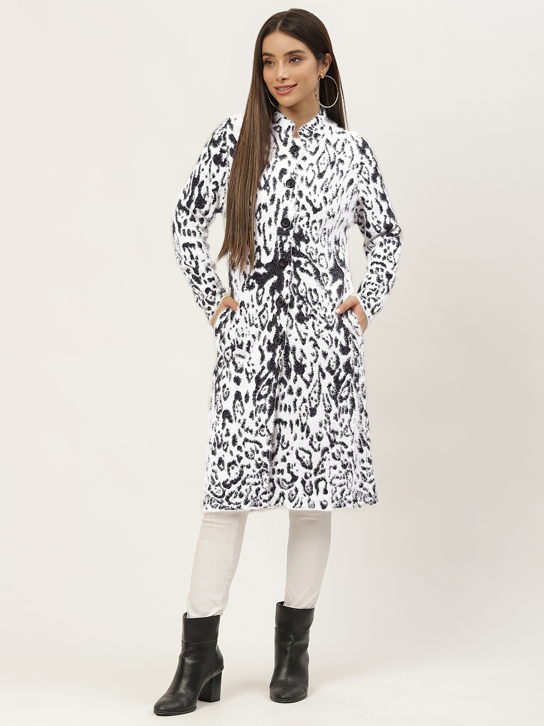 

APSLEY Women White & Black Animal Print Fuzzy Longline Overcoat