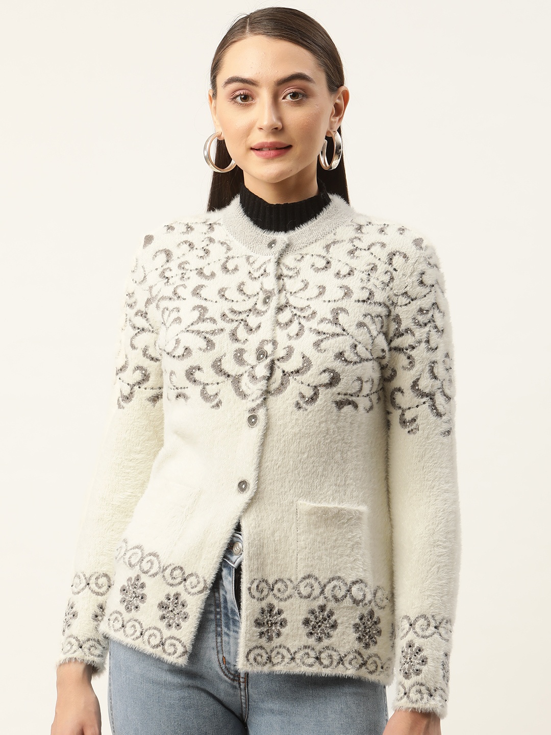 

APSLEY Women Floral Design Cardigan with Embellished Detail, Off white