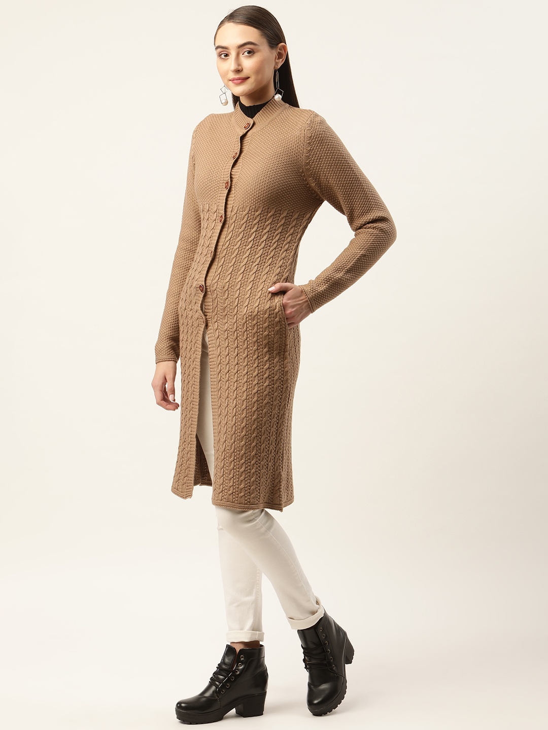 

APSLEY Women Cable Knit Longline Cardigan, Camel brown