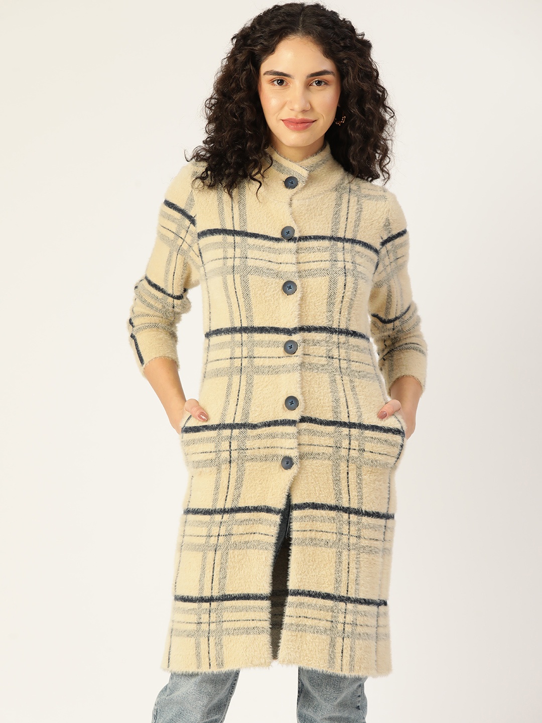 

APSLEY Women Checked Longline Cardigan, Beige