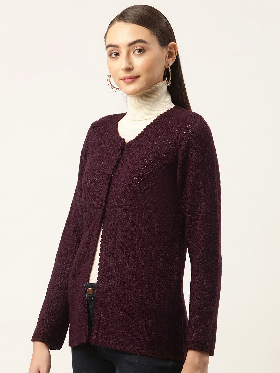 

APSLEY Women Geometric Knitted Cardigan, Maroon