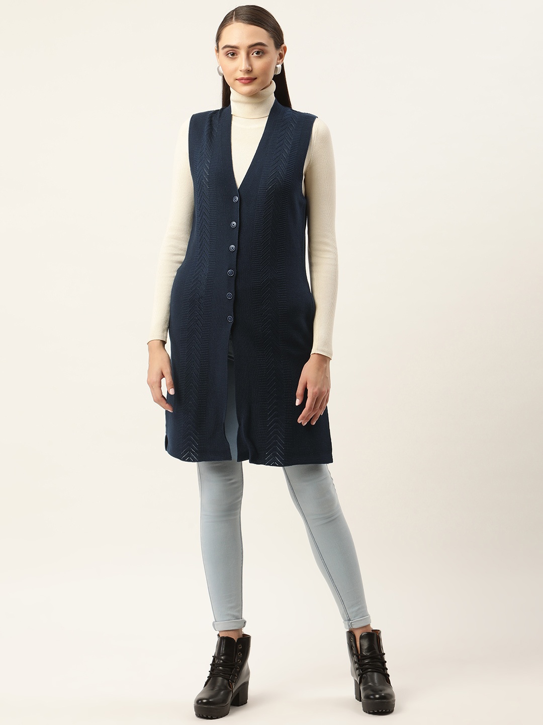 

APSLEY Women Geometric Knitted Longline Cardigan, Navy blue